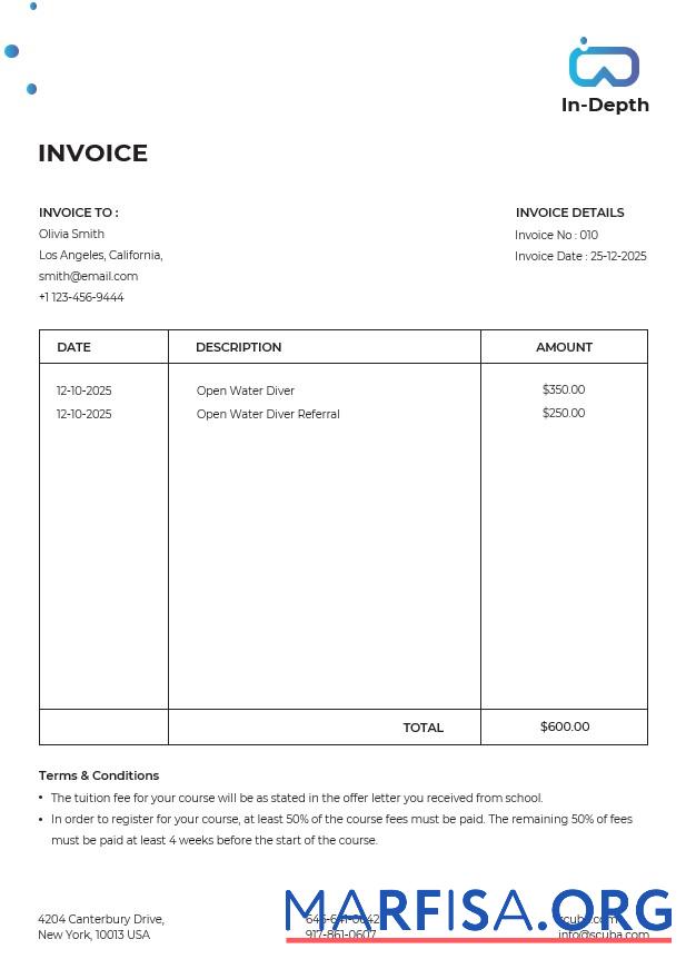 Blank Scuba Diving School Invoice Template